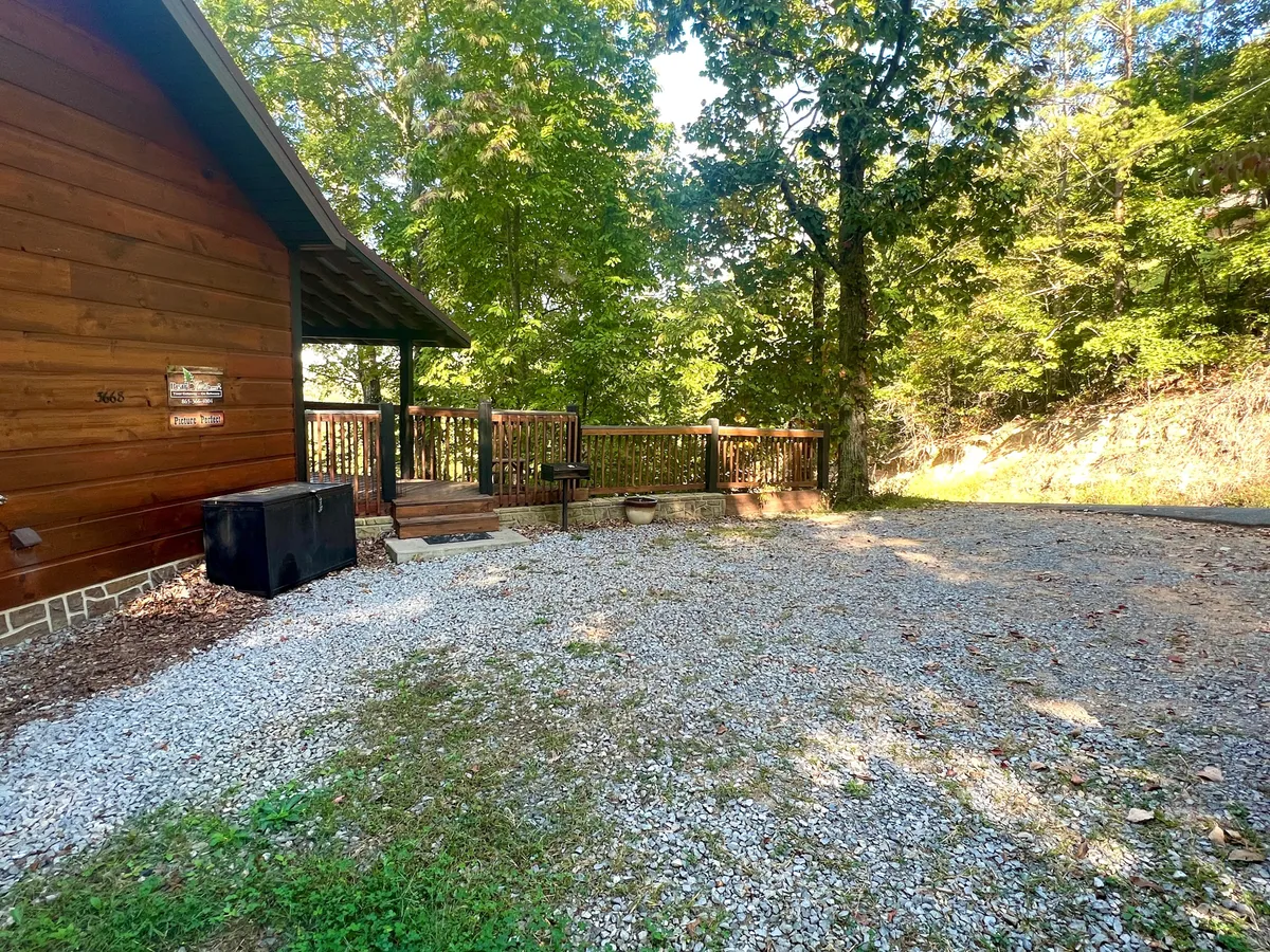 The image captures the exterior of the wooden cabin with a gravel area and a deck seating area surrounded by trees. The open outdoor space is ideal for pets to enjoy, and the calm ambiance conveys a sense of relaxation and connection to nature, aligning with the retreat’s pet-friendly ethos.